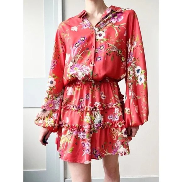 Alexis Loe Floral Ruffle Long Puff Sleeve Ruffle Mini Dress Red Orange XS - Picture 2 of 14